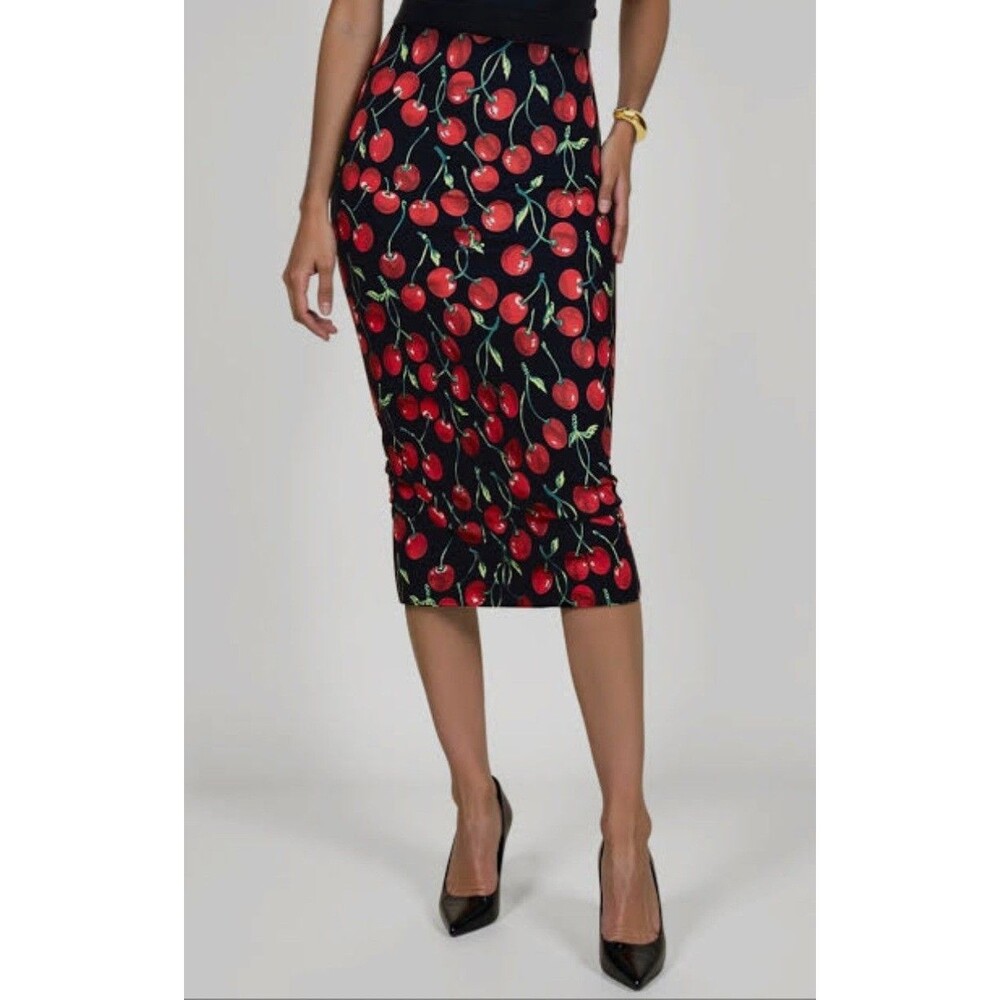 New York and Company Cherry Skirt Womens Size Medium Black Red Ruched Pencil